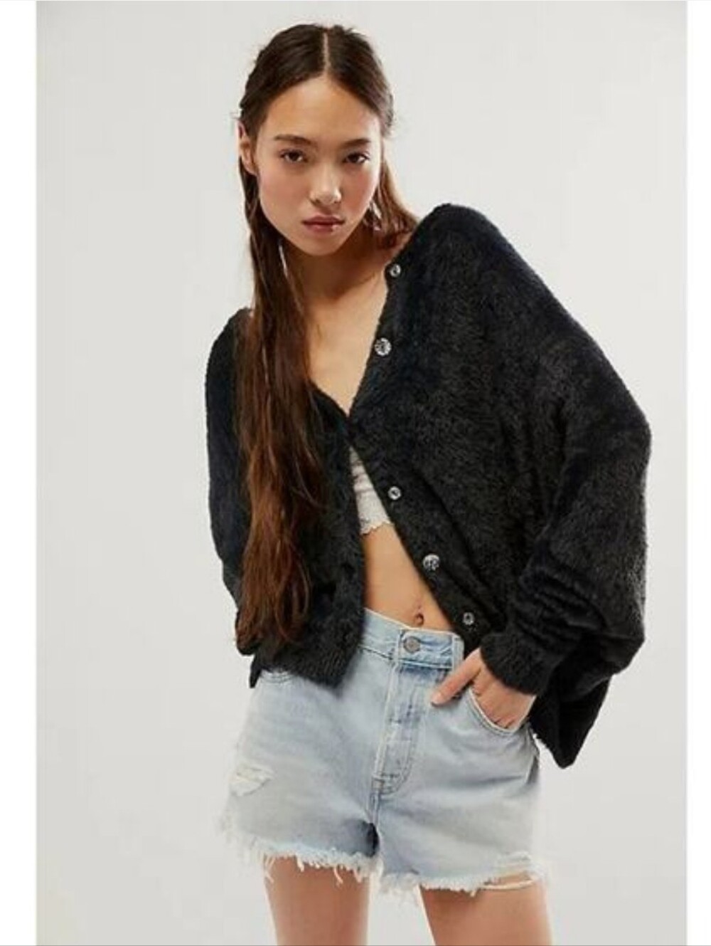Free People One Sela Fuzzy Cardigan Oversized Navy Size XS